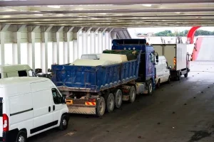 trucks minibuses located inside ferryboat greece